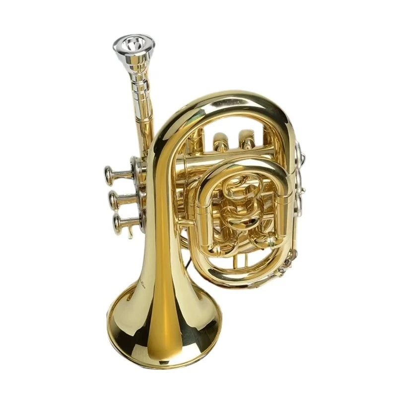 

Wholesale Brass Instrument Brass Lacquer Gold Bb Mini Trumpet Pocket Small Cornet Trumpet Three-tone Horn