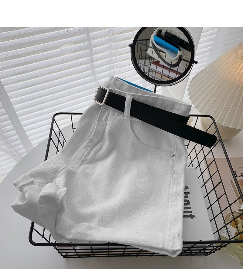 กางเกงยีนส์ขาสั้นเอวสูงทรงหลวมสไตล์เกาหลีสำหรับผู้หญิง มีเข็มขัด กระเป๋า แฟชั่นสตรีทแวร์ลำลอง