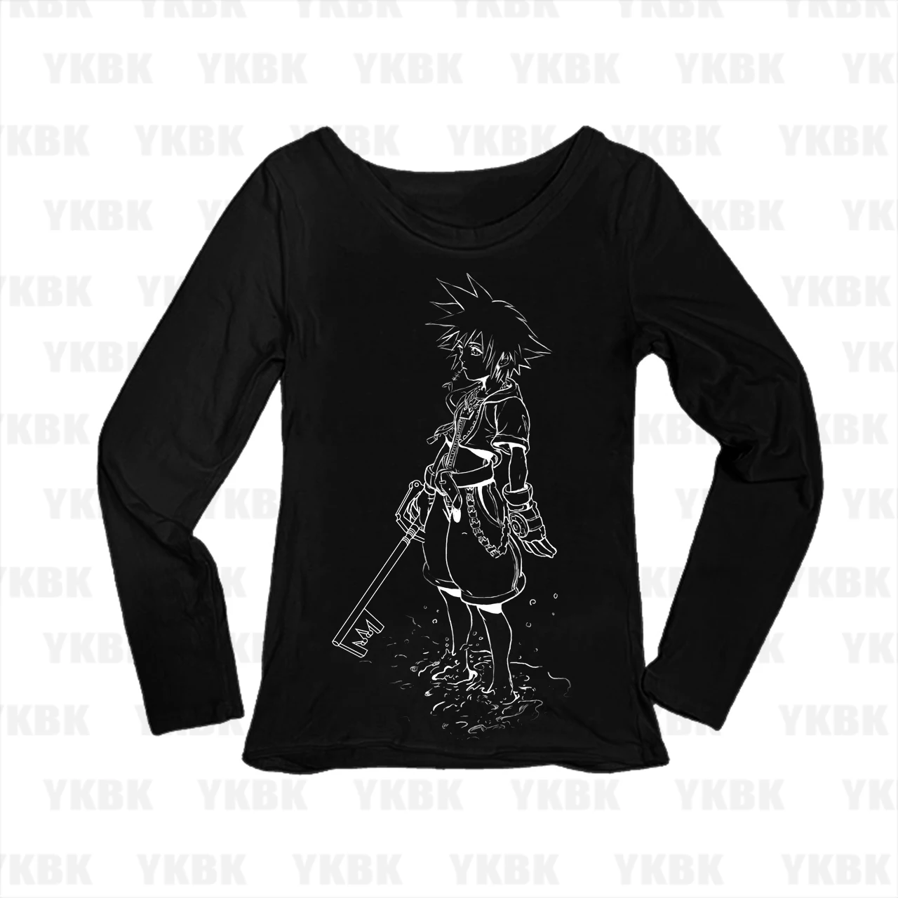 Kingdom Hearts Sora Keyblade Anime Line Art Print Women Long Sleeve T‑Shirt Slim Fit Game Ladies Tops