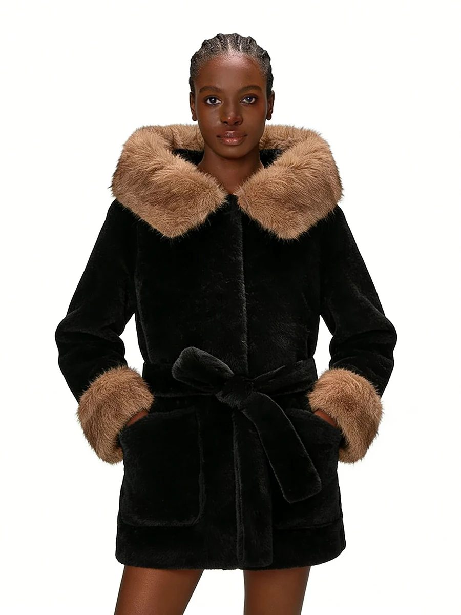 TWOTWINSTYLE ヒットカラー スプライスファー ミニマリスト キルティングコート レディース フード付き襟 長袖 パッチワーク レースアップコート 女性用