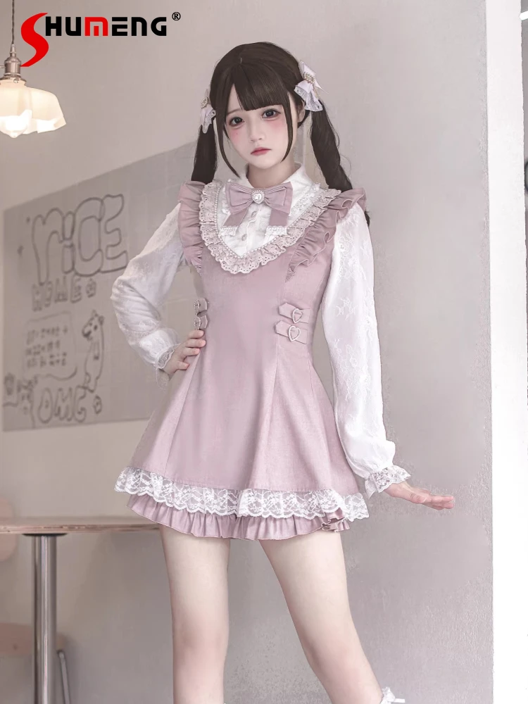 

Original Japanese Style Mass-Produced Subculture Lace Doll Collar Long Sleeve Dress High Waist Shorts Two-Piece Set for Women