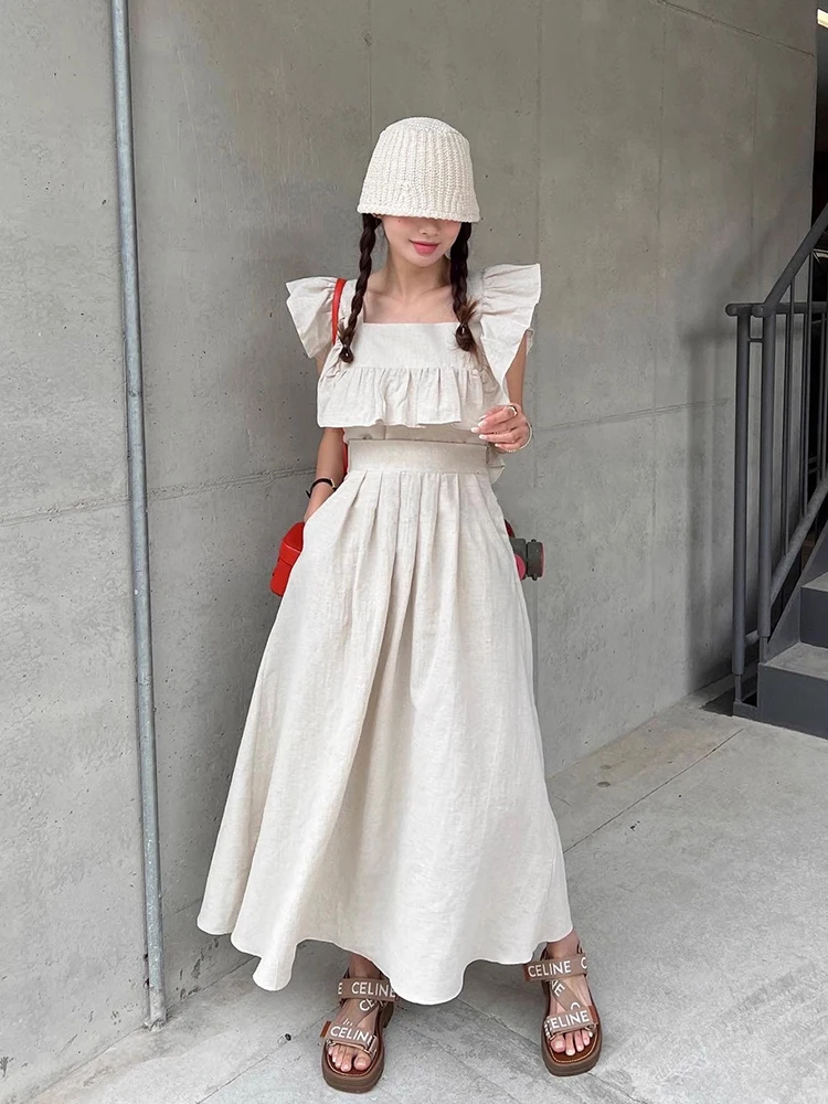 

Шикарный летний возрастной топ Square-Ne Fly-Sve irt, комплект юбки трапециевидной формы с высокой талией, хлопковая застежка-молния, ансамбль Faion