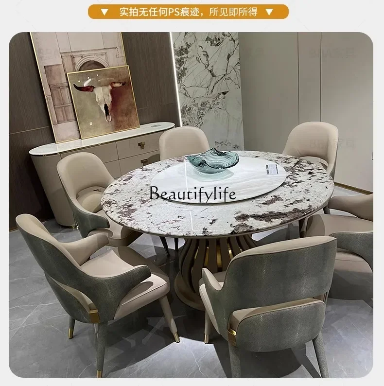 Italian light luxury solid wood high-end marble round table villa pineapple round dining table and chairs