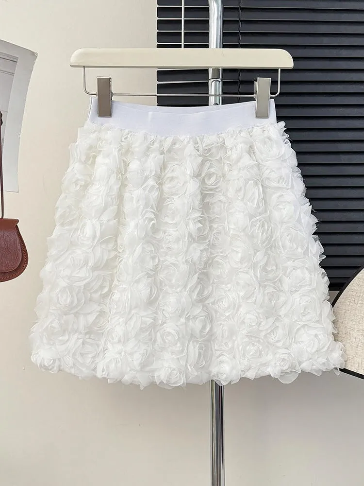 

Elegant White High Waisted Short Skirt Fashionable Three-dimensional Rose Sweet Age Reducing A-line Hip Hugging Short Skirt