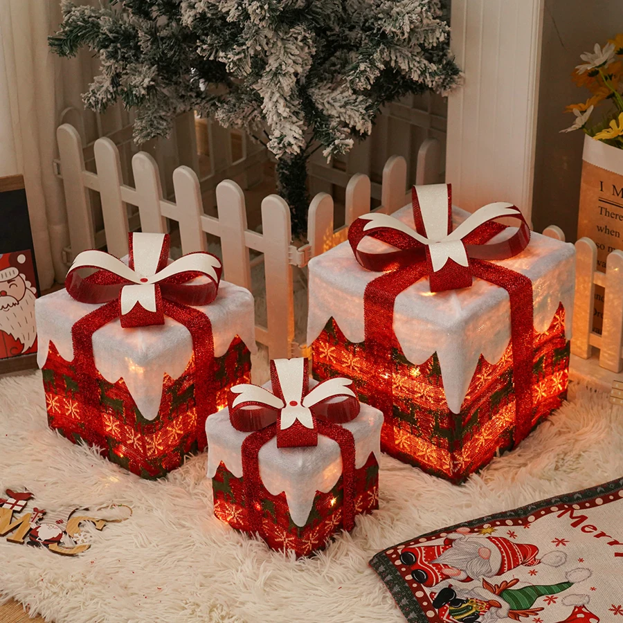 Christmas luminous gift box three piece set LED Christmas gift box set Christmas atmosphere light indoor decoration light