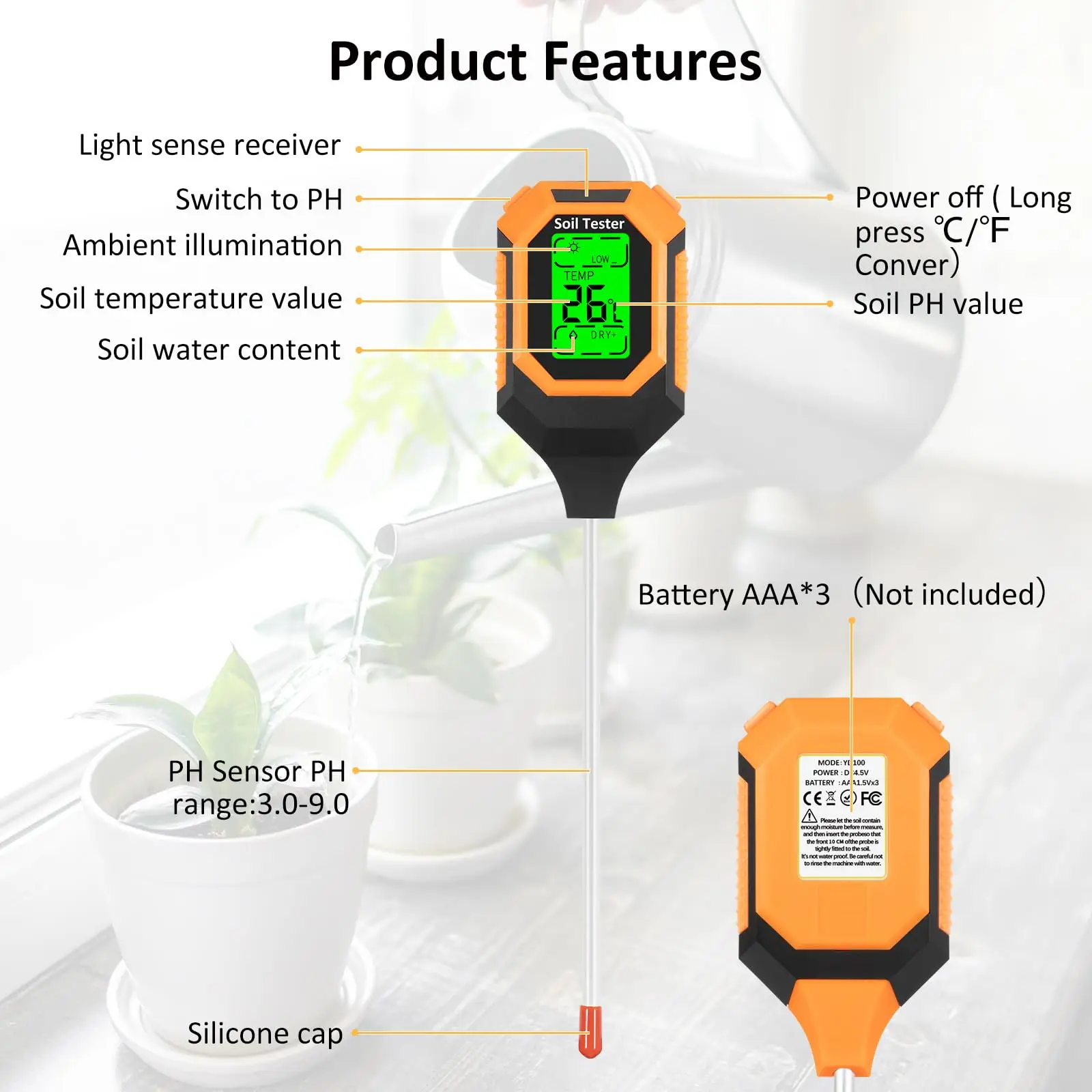 Multi-Function Soil Tester PH/Salinity/Moisture/Sunlight/Air Humidity/Temp Backlight LCD 4 in 1  PH Meter for Gardening Plants