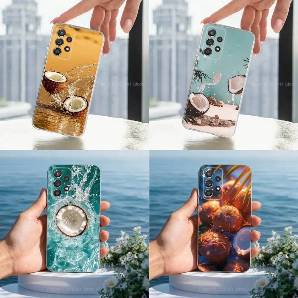 

Coconut Fruits Tropical Phone For Samsung A30,71,51,S20,10,9,Ultra,FE,Lite, S21,23,22,PIus,Transparent, Silicone Case