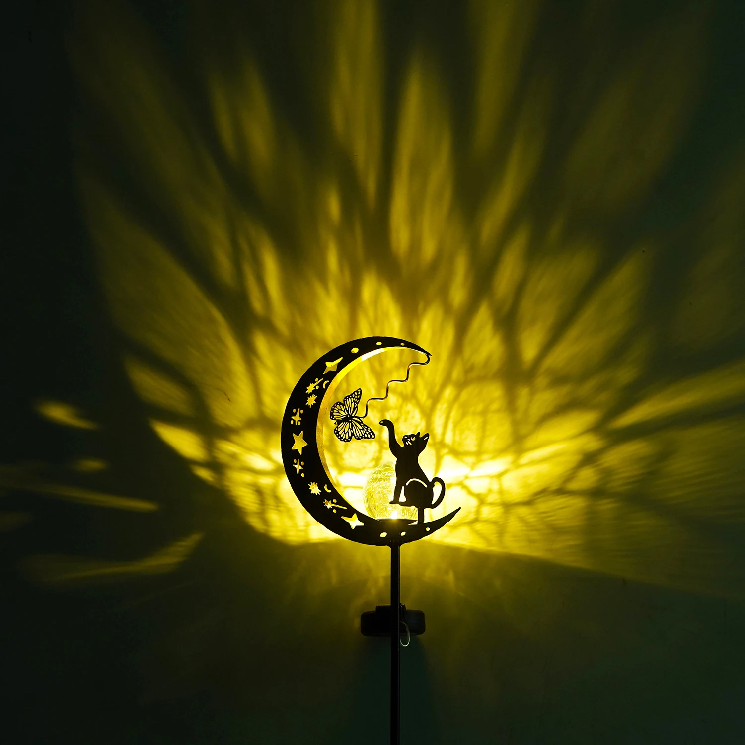1pc Solar Lawn Light - Cat Paw & Butterfly Design with Moon & Stars, Outdoor Garden Decor Light, Iron Light for Yard, Party Gift