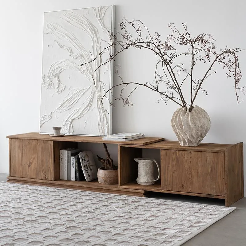 Modern retractable adjustable low-edge solid wood TV cabinet for living room furniture, suitable for TVs 65 inches and above