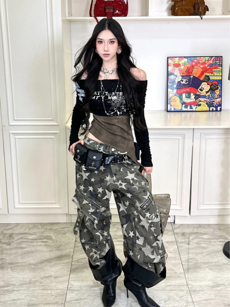 Camiseta negra de manga larga con hombros descubiertos con estampado de letras, con detalle de salpicaduras, Top corto gótico, camiseta informal de otoño para mujer