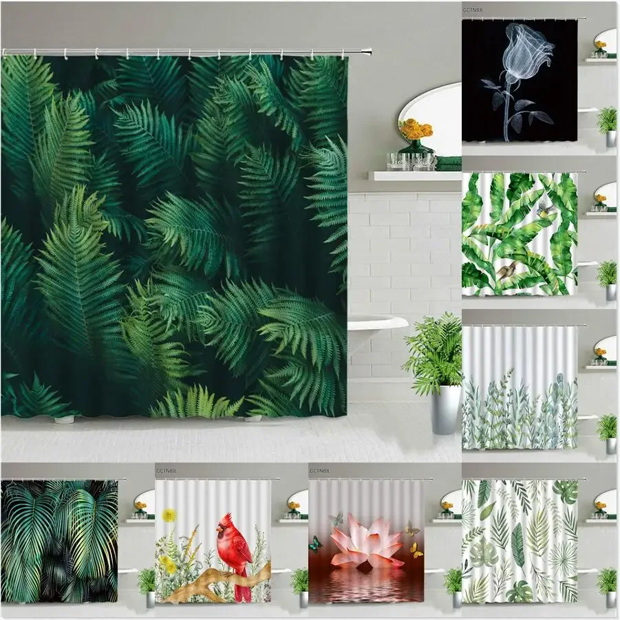 Green Tropical Rainforest Plant Shower Curtains, Flower, Leaf, Leaves, Bathroom Decor, Waterproof Bath Curtain,  Hooks