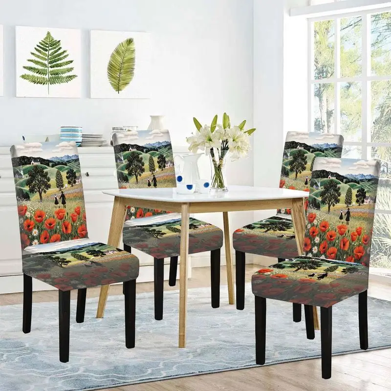 

Чехол для обеденного стула с плоским принтом и пасторальным узором, многоразовый, моющийся, чехол для домашнего обеденного стула.
