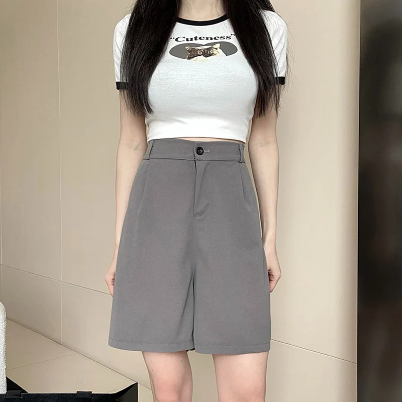 Summer Female Baggy Casual Straight Leg Pants Women Ins Fashion Suit Short Pants Girls Classic Daily High Waist Shorts