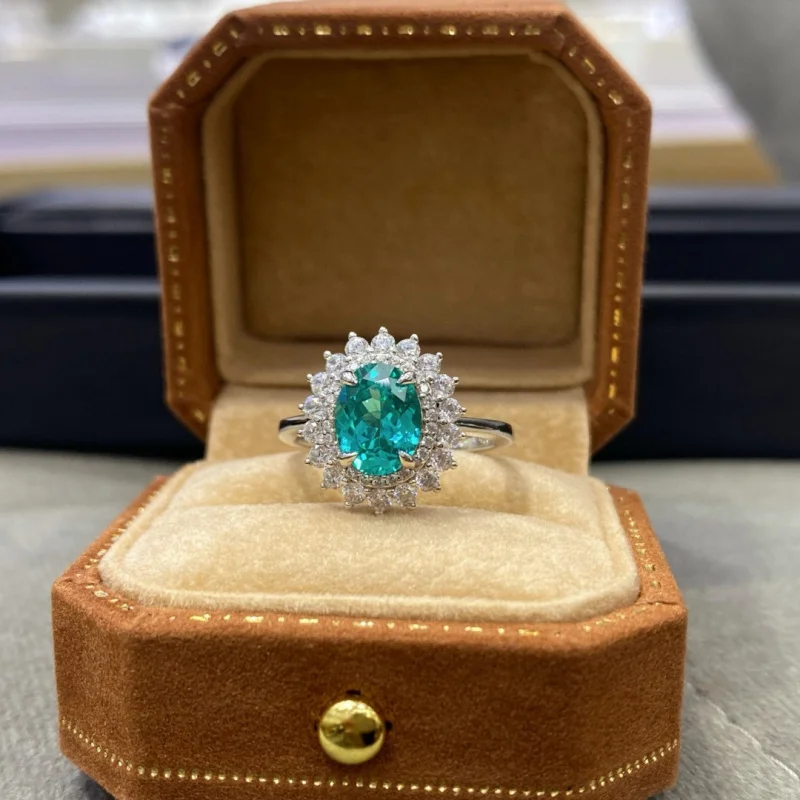 

Lab grown Diamond Ring Paraiba Egg shaped Main Stone 7*9 Princess Diana Style Fashionable Party Women's Ring