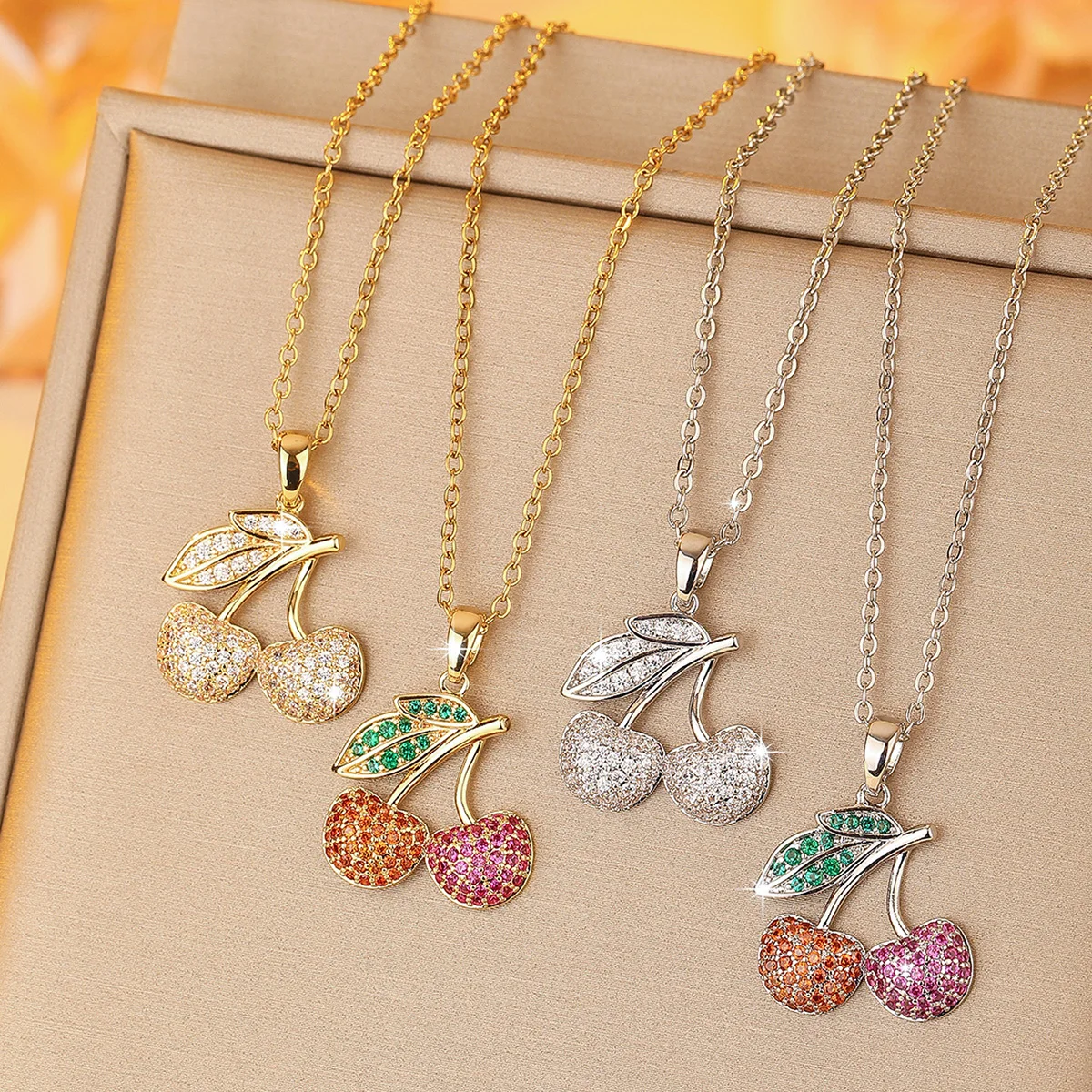 A Cherry Necklace Pendant, Copper Material Inlaid With Zircon Series, Fashionable And Simple Ins Style