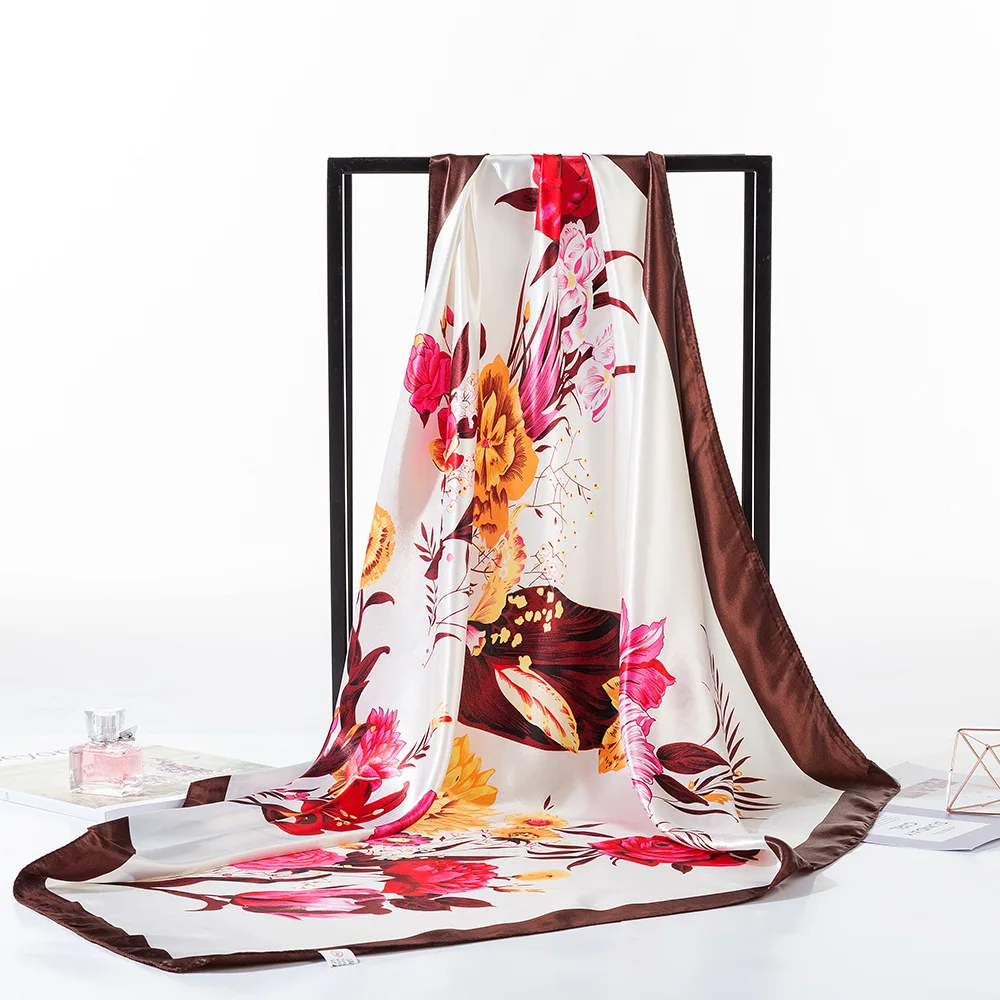 Luxury Square 90cm flower print Women Silk Scarf Brand Fashion Bandanna Hijab Lady Wrap Headband muffler Christmas wedding gift