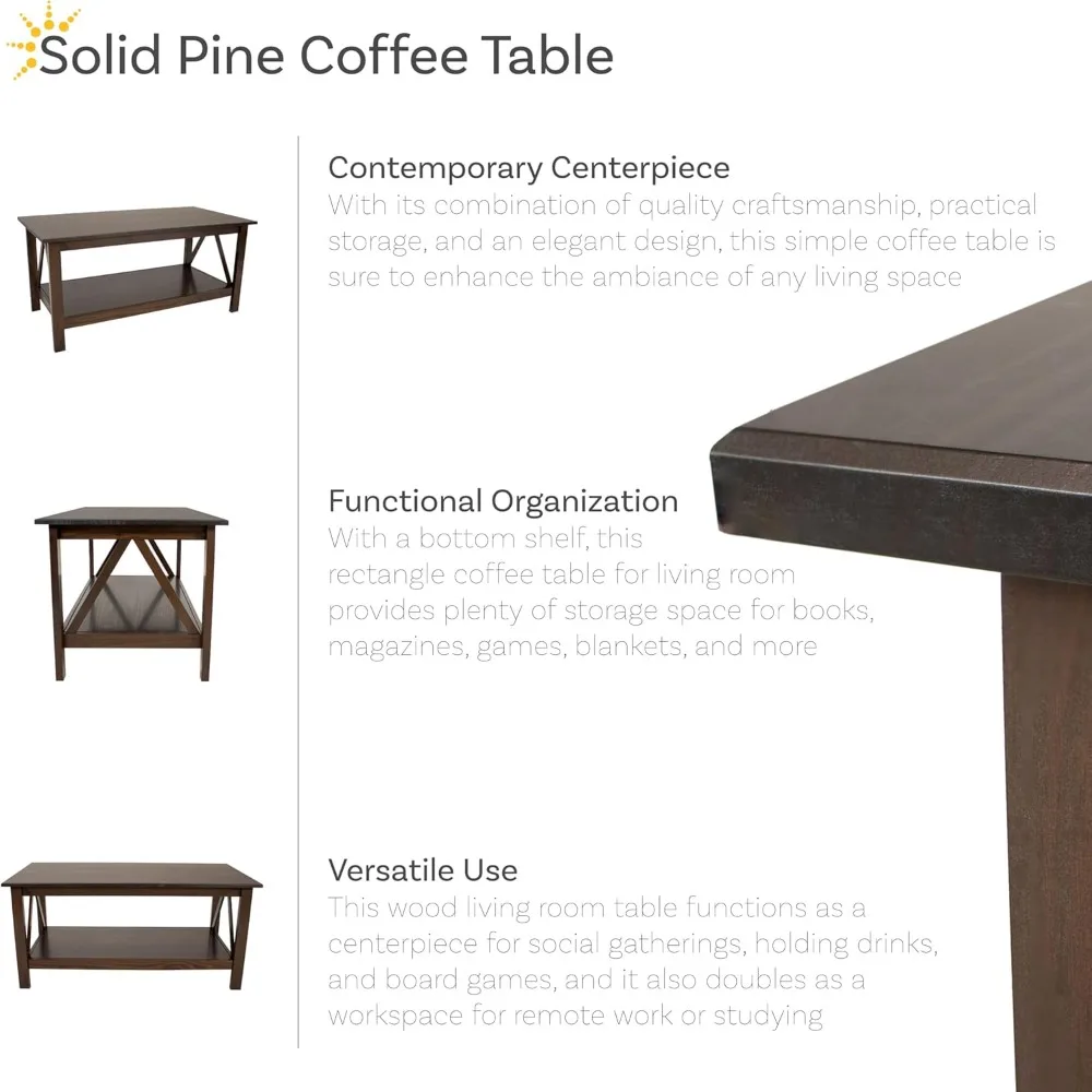 Dark Wood Coffee Table with Storage Shelf - Indoor Solid Pine Wood Center Table for Living Room - Dark Brown - 43.5 W