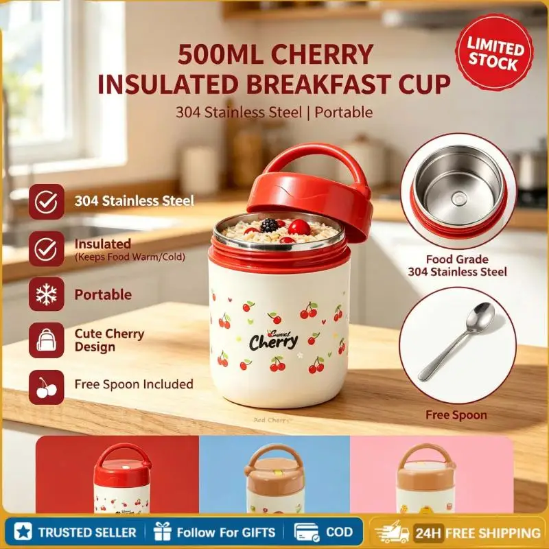 【B】500ml Cherry 304 Stainless Steel Insulated Lunch Box, Portable Breakfast Cup With Thermal Bag