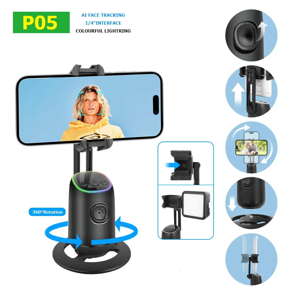 AI Face Tracking Gimbal Mobile Phone Stabilizer, 360 Auto Rotate Selfie Stand for Iphone 15 Pro Max Android, Optional Tripod