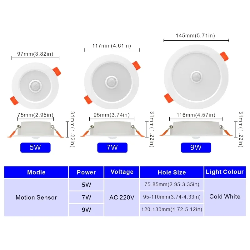 2pcs/lot Led Downlight 5W 7W 9W 220V PIR Motion Sensor Ceiling Light 2.5/3/4 inch Round Led Panel Down Light Spotlight Lighting