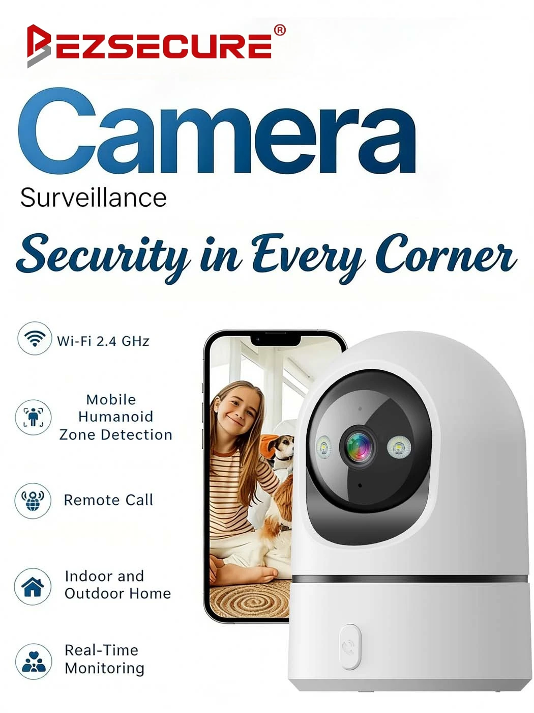 

Bezsecure 5 МП Wi-Fi камера для внутреннего наблюдения за ребенком с функцией вызова в одно касание, цветным ночным видением и отслеживанием человека 355 ° Приложение PTZ O-Kam Pro