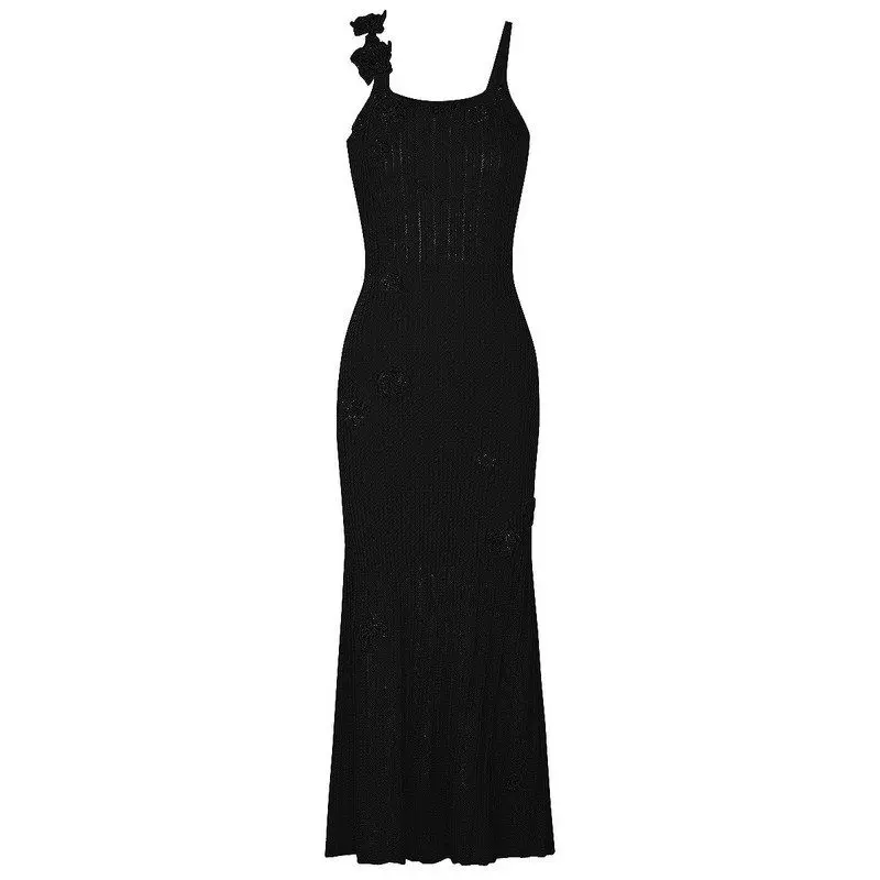

High Quality Spring Autumn Handmade Knitted Floral Fashionable Sleeveless Strap Dress for Women mid Waist Fish Tail Gown