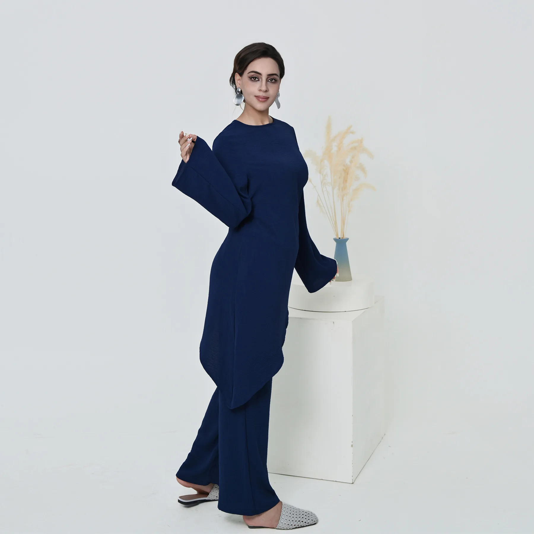 

2026 Women Muslim Two Pieces Set Blouse Wide Leg Pant Musulman Ensemble Shirt Ramadan Modest Islamic Clothing Turkey Suit Arab