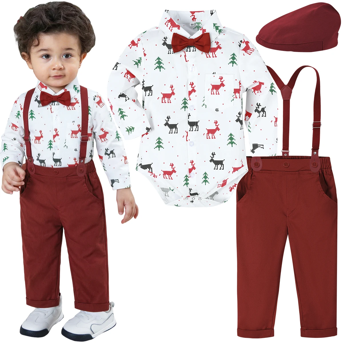 Christmas Outfit Baby Boy Clothes Infant New Year Party Gift Toddler Suspender Formal Suit Set Newborn Xmas Red Green Plaid 2PCS