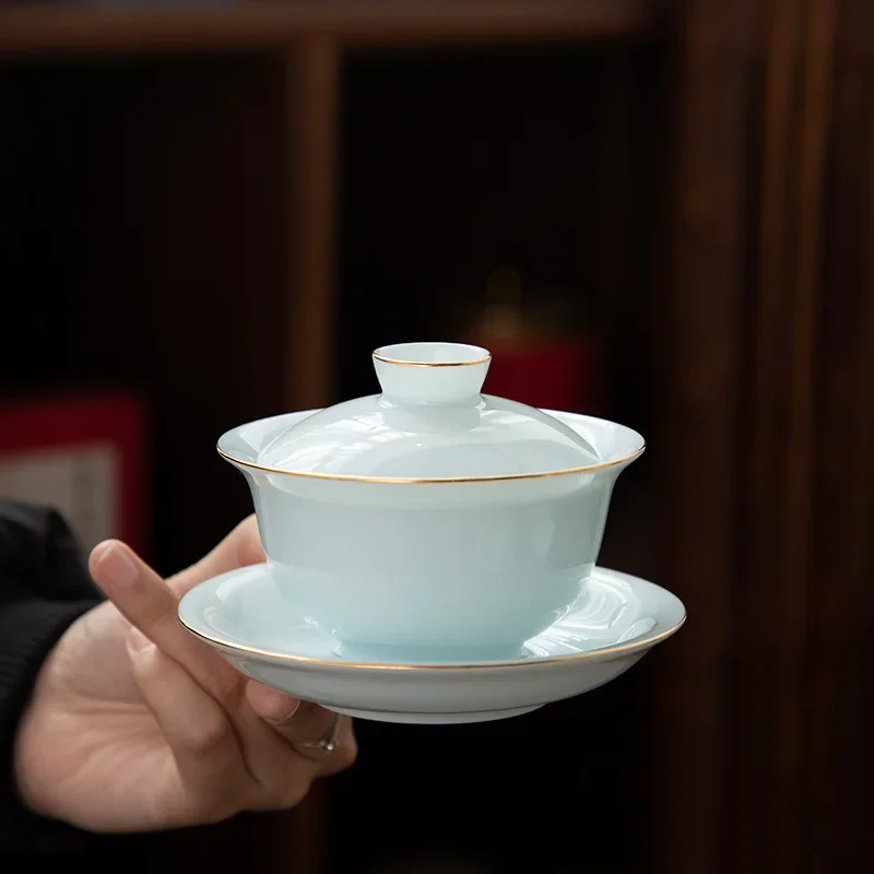 Dehua White Porcelain Three-cai Bowl Single High-end Tea Kung Fu Tea Mutton Fat Jade Ceramic Gemstone Blue Gold Celadon Gaiwan