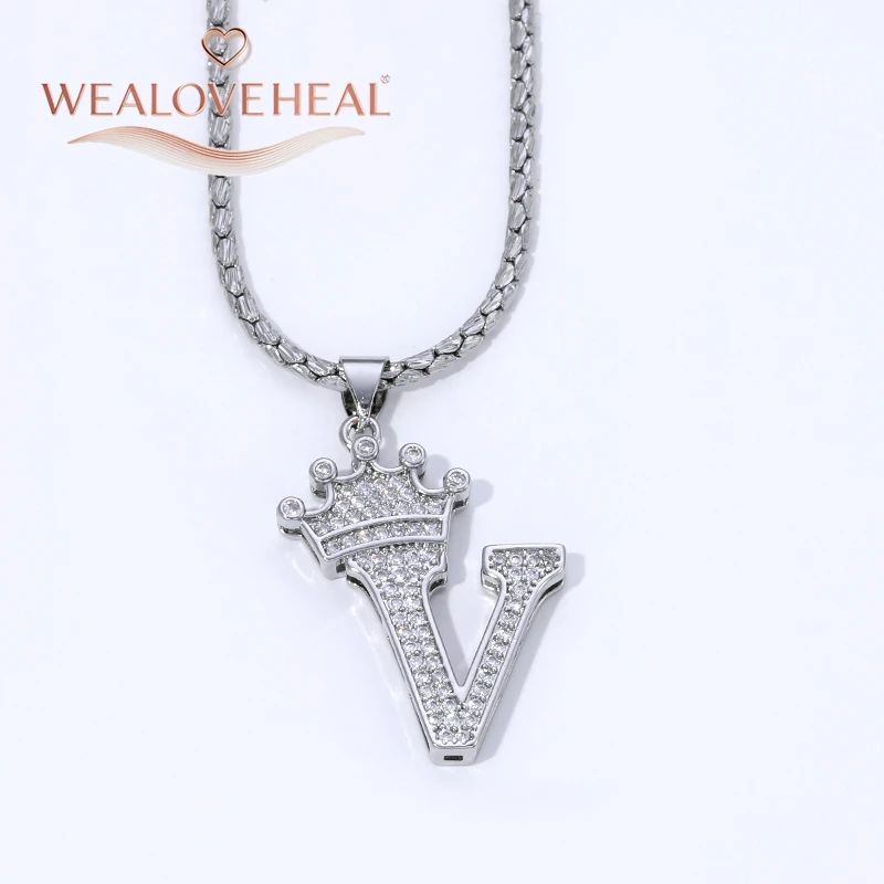 Rhodiumbeschichtete A-Z-Kronen-Initialen-Halskette, Iced Out CZ 26 Buchstaben-Anhängerkette 50 cm, personalisiertes Hip-Hop-Schmuckgeschenk für Sie und Ihn – Detail 40