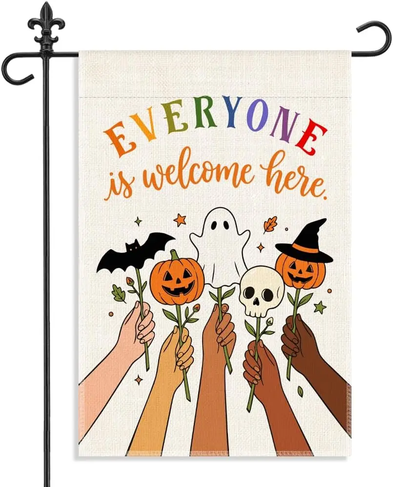 Everyone Is Welcome Here Garden Flag 12x18 Inch Double Sided, Inclusive Pumpkin Ghost Skull Yard Flag, Fall Outdoor Porch De yyi