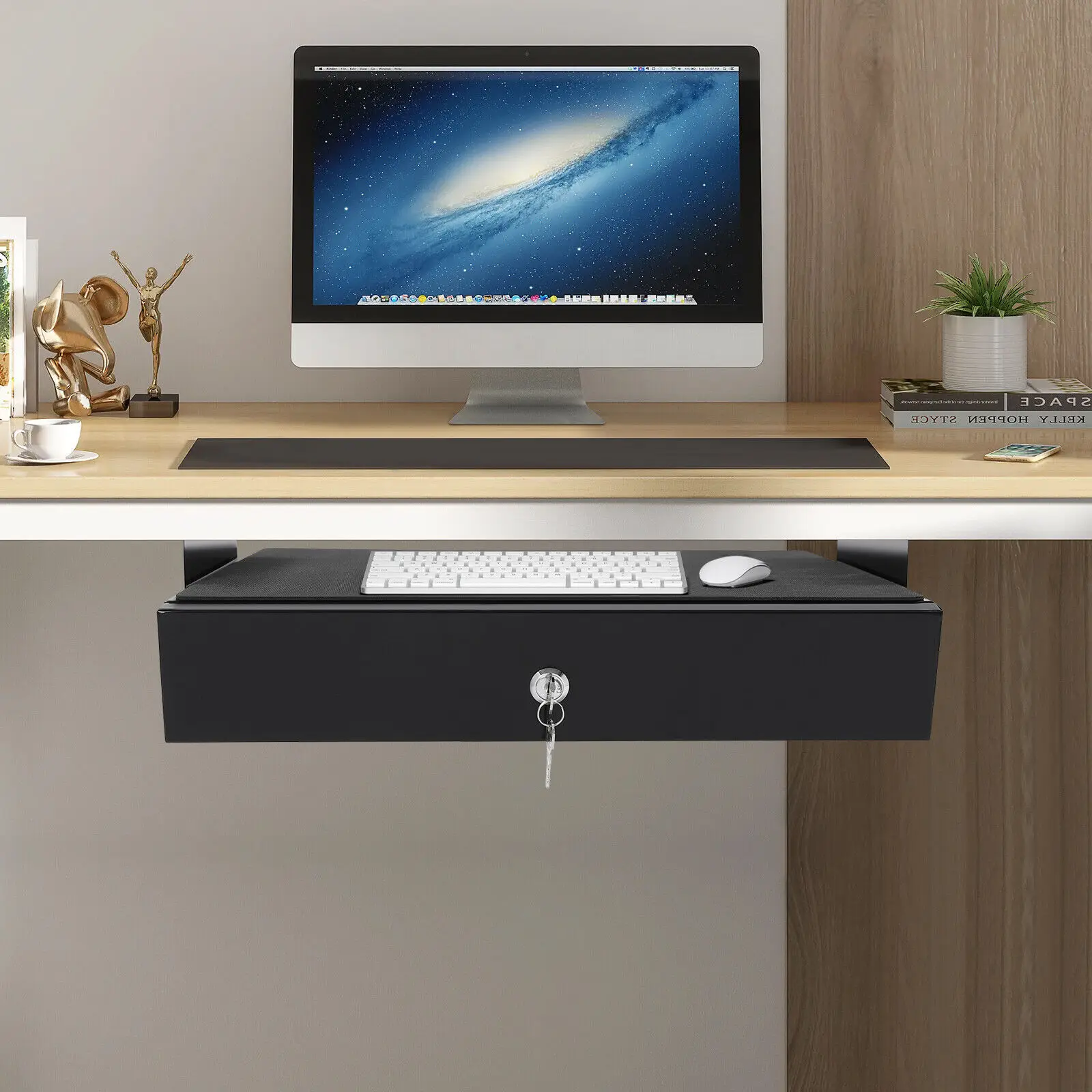 

Sliding Under Desk Storage Cabinet Multifunctional Two-Layer Iron Organizer Pull-Out Drawer With Computer Pad