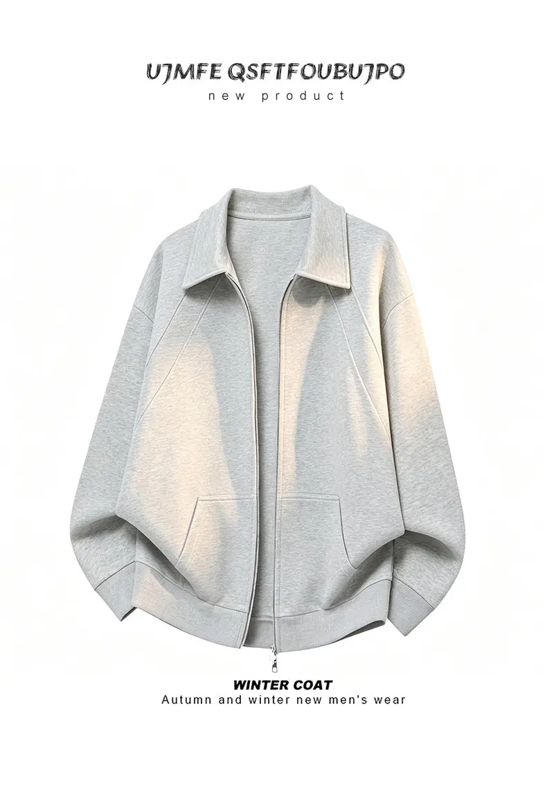 Men's Casual Double Head Zipper Sweatshirt Solid Color Turn-down Collar Loose Fit Autumn 360gsm Comfortable Sweatshirt