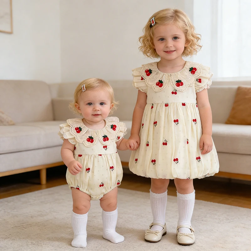 2026 Neue Sommer-Schwesterkleidung 2-6J Mädchen Geburtstagskleid Prinzessinnenkleid 0-24M Kurzärmeliger Kirsch-Rundhals-Strampler