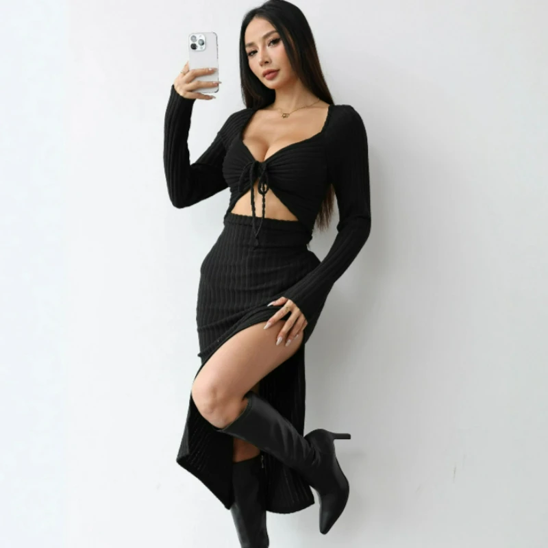 

Knitted Sweater Dress for Women 2026 Autumn Fashionable Waist-cinching Slimming High-end Look Long-sleeved One-piece Long Dress