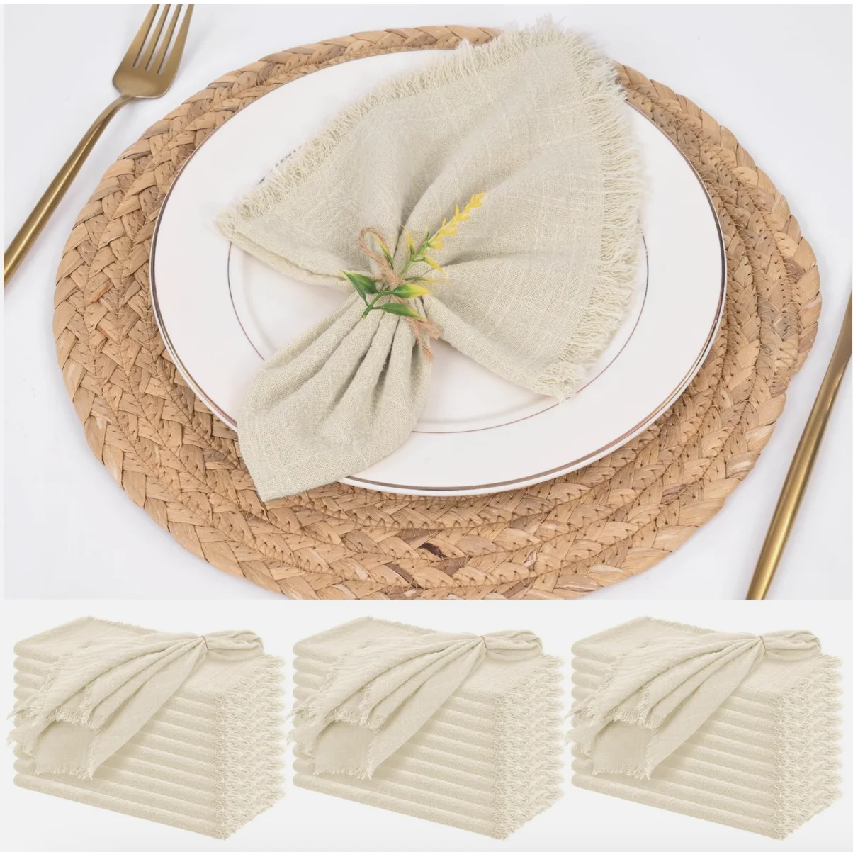 12 PCS Cotton Linen Napkins with Fringe,18x18Inch, Natural Linen