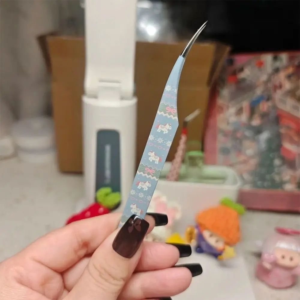 Stainless Steel Curved Stickers Tweezers High Precision Cartoon False Eyelash Tweezers Anti-static Eyelash Curler