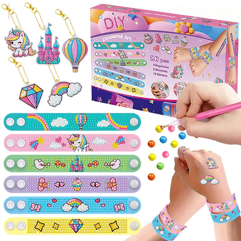 26Pcs Kids DIY Diamond Painting Kit - 6 Bracelets + 5 Keychains + 15 Stickers Unicorn Gem Art Craft Set for Children