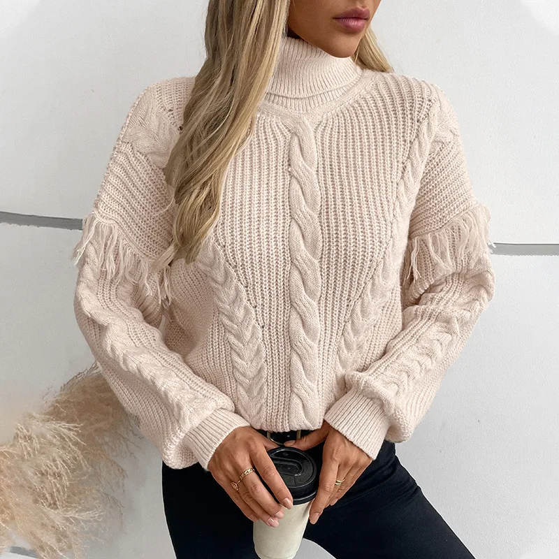 

Beige Women's sweater pullover turtleneck Casual hollow out 2026 autumn/winter Retro loose long sleeved knitted shirt top basic