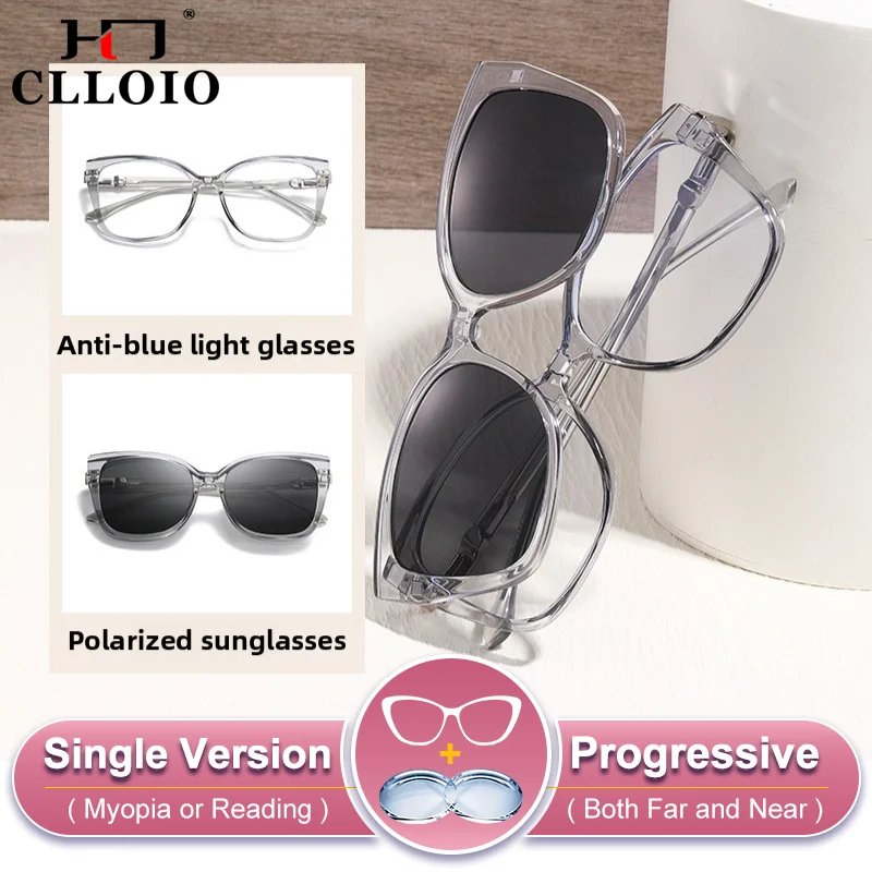 

CLLOIO Women Cat Eye Magnetic Clip Polarized Prescription Myopia Glasses Fashion Large Frame Driving UV Protection Sunglasses