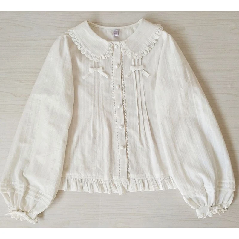 Lolita Cute Whit Shirt Women Sweet Long Sleeve Vintage Kawaii Blouse Japan Preppy  Jk Harajuku Y2K Vintage Cosplay Top