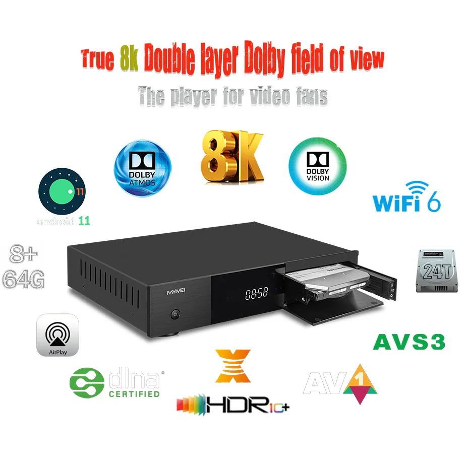 

True 8K Media Player Amlogic S928X Femto Clock HDD Blu Ray Player Support HDR10+ and Dobly Vision DSD for Smart Home Theater