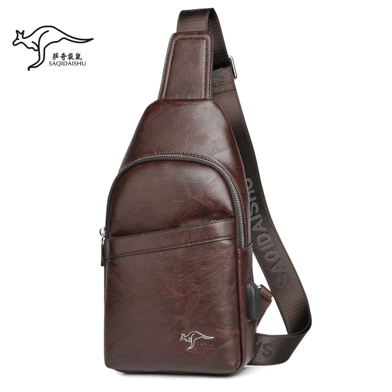 Men's Large Capacity PU Leather Chest Crossbody Shoulder Bag with USB Charging Port Casual Trend