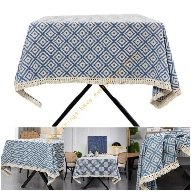 

55KF Blue Fringed Table Cover Resistant Polyester Linen Texture Tablecloth Decors For Kitchen Dining Room Decorations