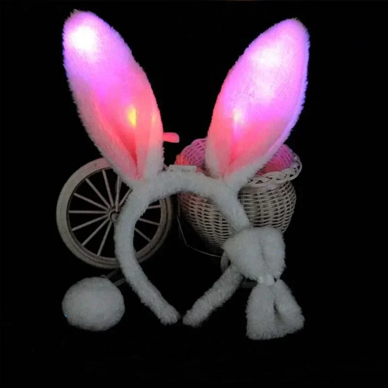 20pcs Sequin LED Light Up Hairband Rabbit Ear Headband Tail Bow Flash Bunny Luminous Navidad Easter Halloween Christmas