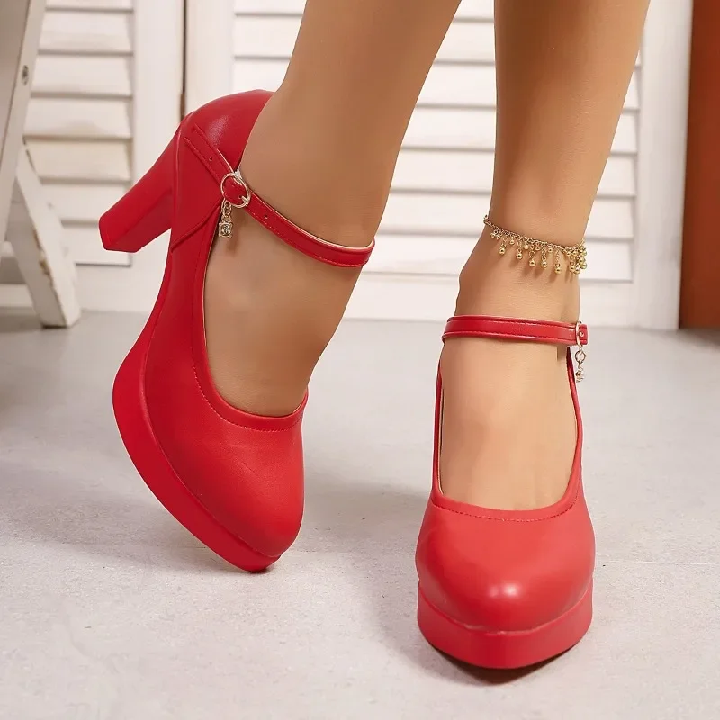 

2025 New Mary Janes Women's High Heels Chunky Heel Plus Size Pointed Toe Classics Office & Career Pumps Women Buckle Strap Shoes