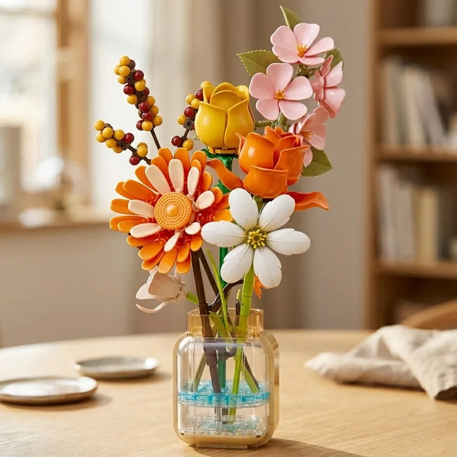 Bouquet de fleurs artificielles en blocs de construction, mélange de tournesols et de roses, cadeau de fleurs éternelles pour la fête des mères, anniversaire