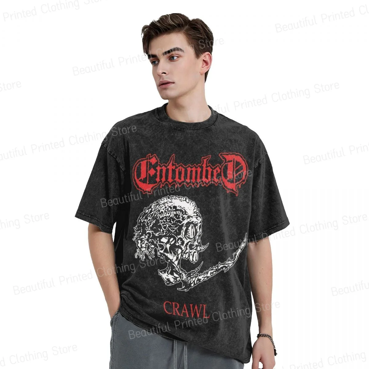 ENTOMBED CRAWL DEATH NIHILIST UNLEASHED ASPHYX DISMEMBER Mens T-Shirt Washed Printing T-Shirts Loose Crewneck Tee Cotton Tees