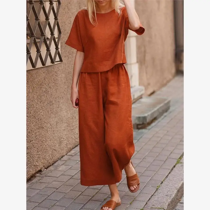 Fashionable Casual plus Size Set Loose  Color Shirt Pants Two Piece Set Women's Clothing Summer  Polyester Blend