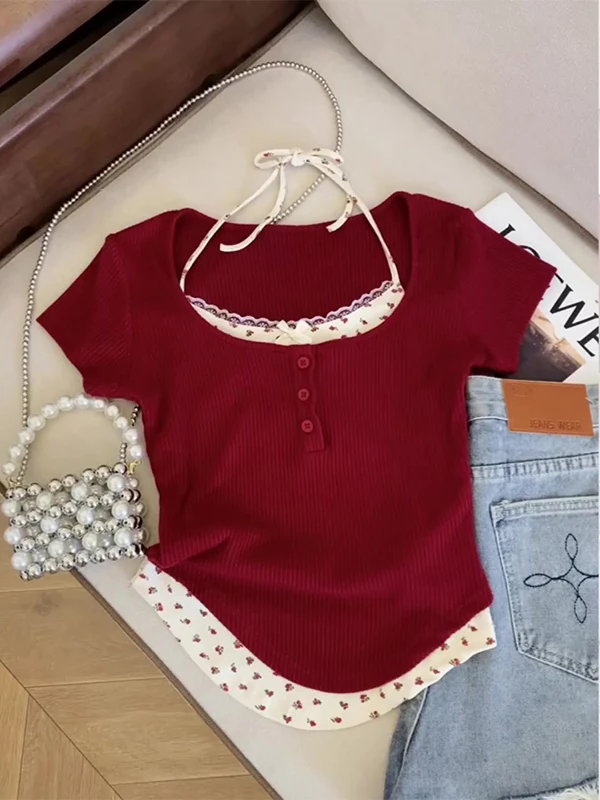 

Корейская женская летняя футболка с коротким рукавом, имитация двухслойности, с узлом, для повседневной носки, с цветочным принтом, маленький размер